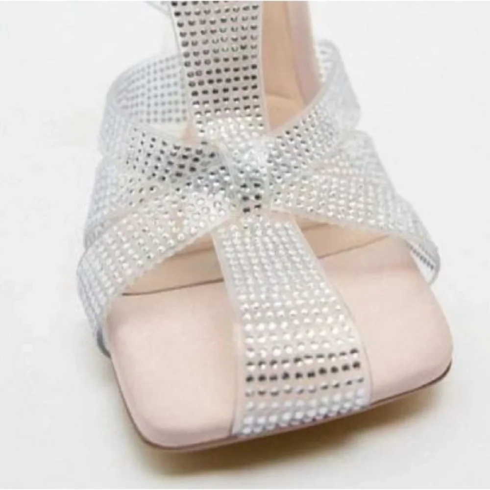 NWT. Zara Transparent Vinyl High Heel Sandals with Rhinestones Details Size 7,5.